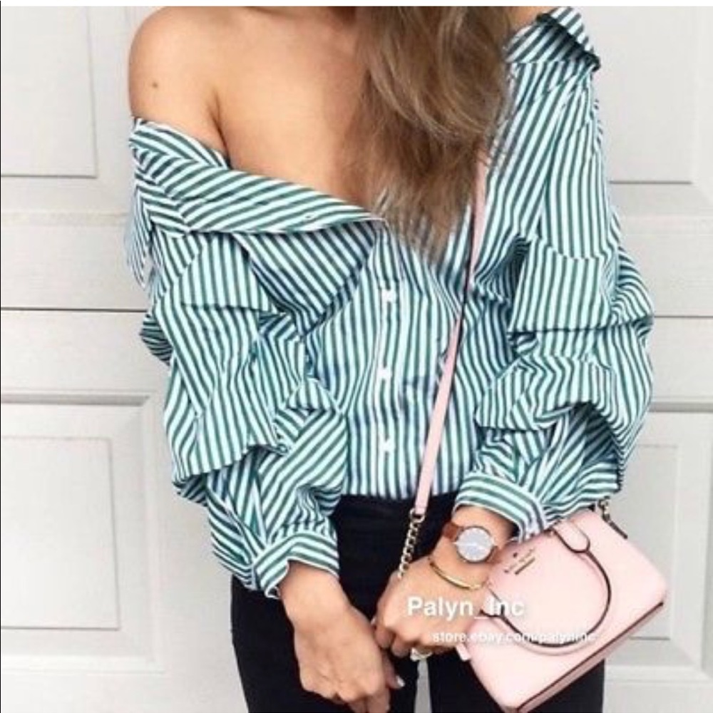 NWT Zara Green White Striped Open Neck Button Down - Picture 3 of 8